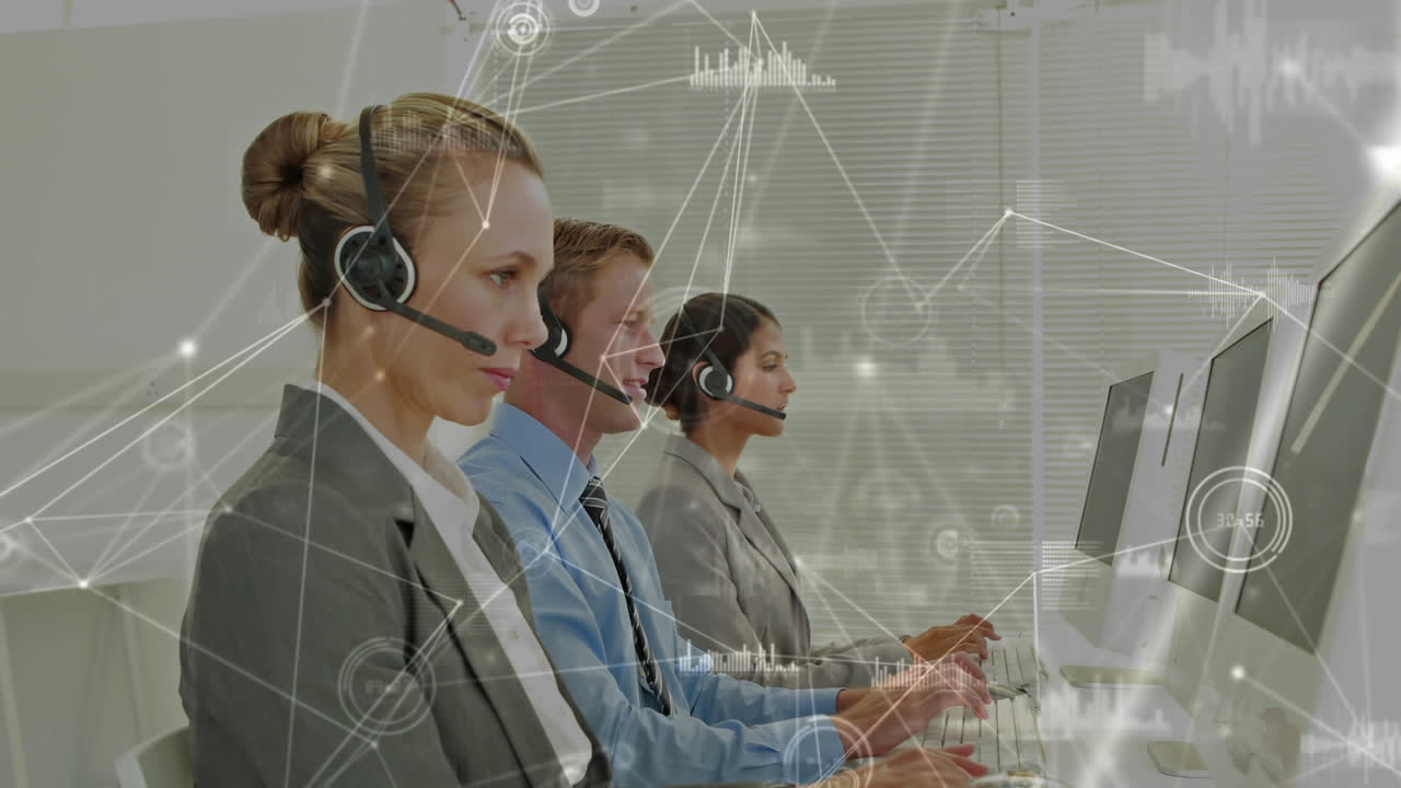 전화 헤드 ⁇ 을 착용 한 사업가 들 을 통한 연결 네트워크 의 애니메이션