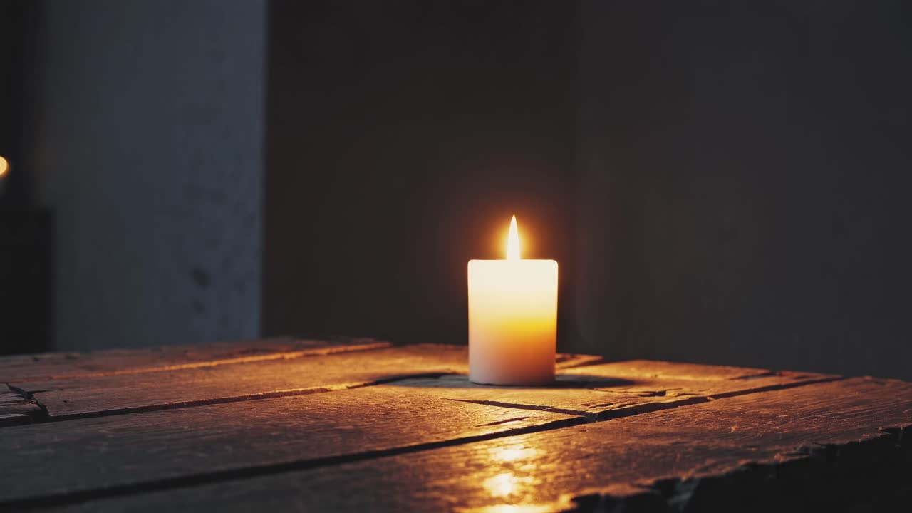 Video scéna se slabým osvětlením zachycuje jedinou svíčku na rustikálním dřevěném stole z nízkého úhlu.