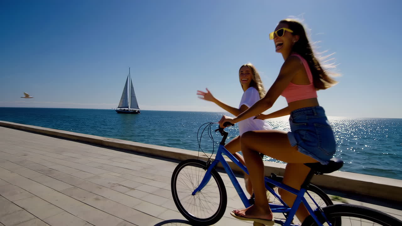 Young women enjoying a bike ride along the sunny coastline