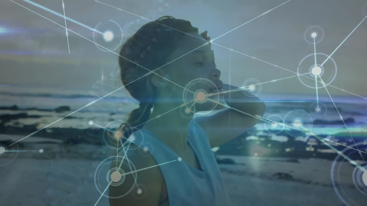 animación de la red de conexiones sobre la mujer afroamericana corriendo