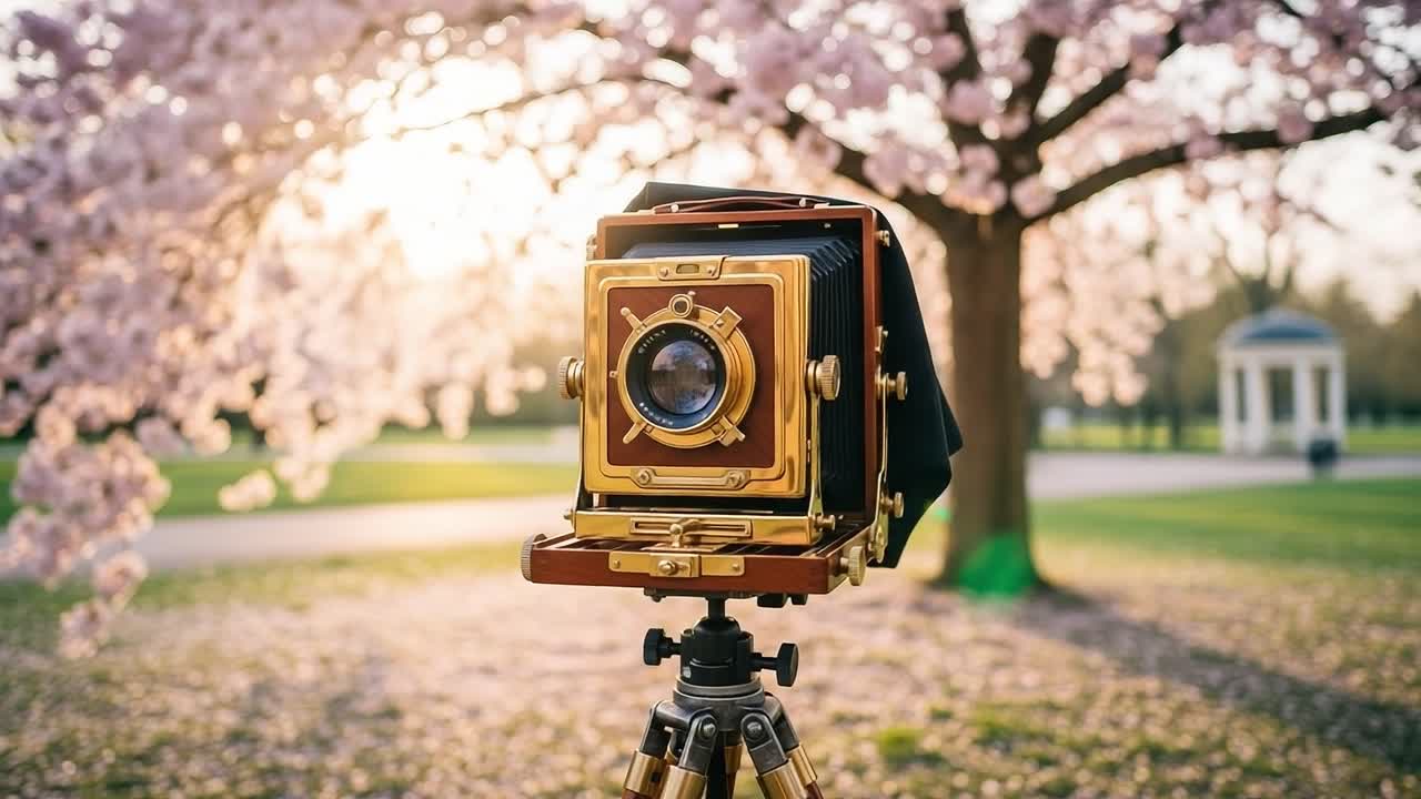 A vintage camera captures the serene beauty of cherry blossoms in full bloom, showcasing a timeless moment in a picturesque park during golden hour light