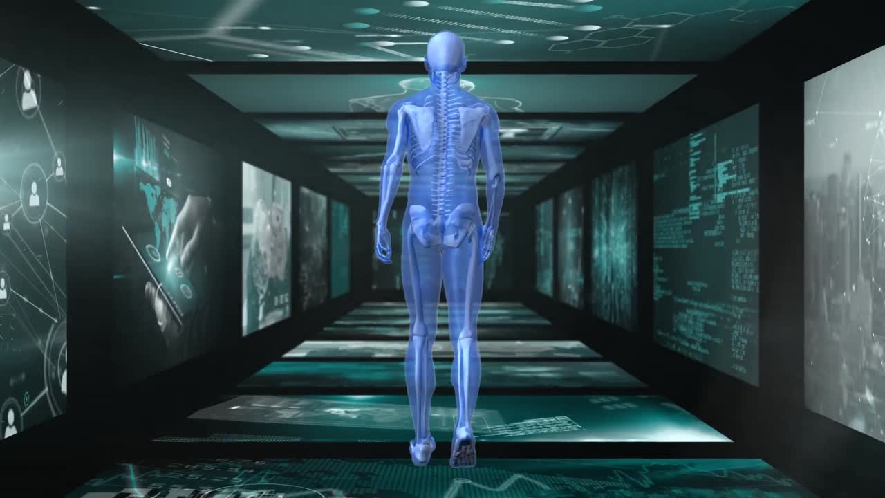 Animation of data processing and human on black background