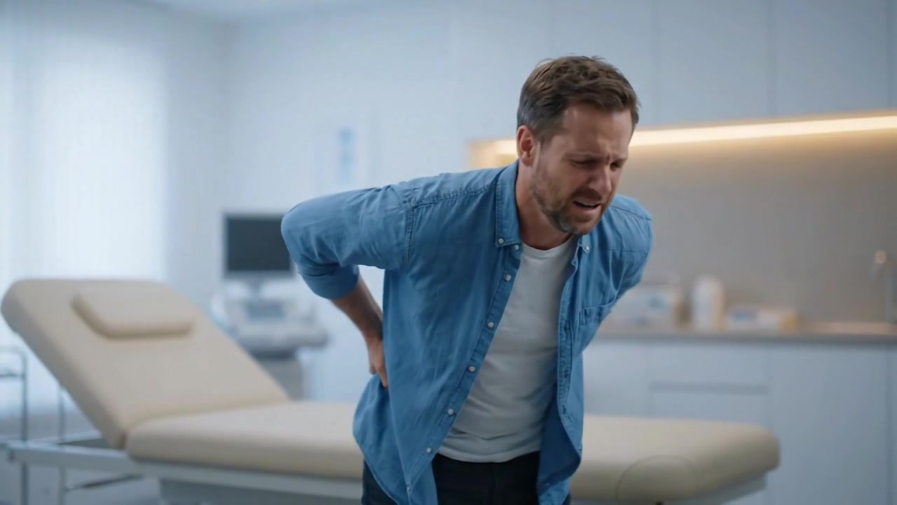 Man Suffering From Back Pain Sitting on Medical Examination Table