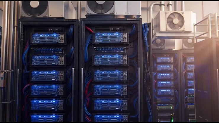 Rows of Server Racks in a Modern Data Center