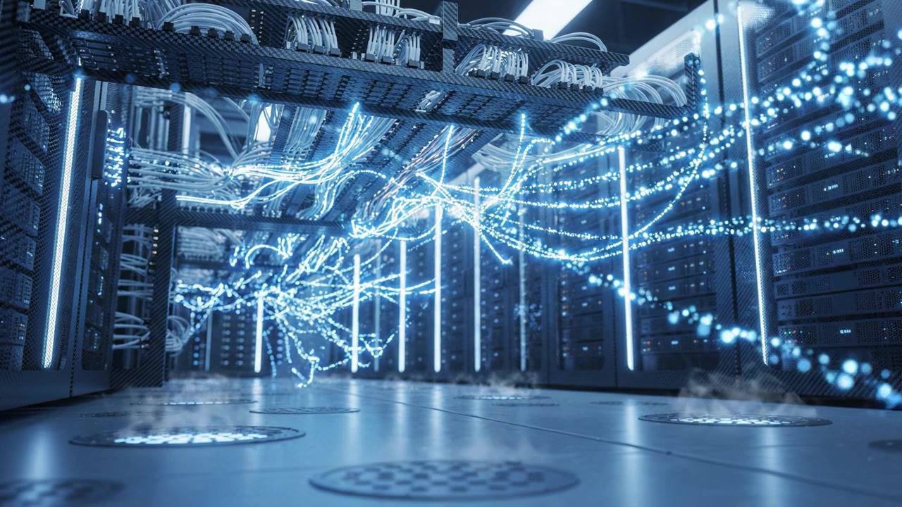 Advanced Data Center Infrastructure with High-Tech Server Racks and Networking Cables Illuminated by LED Lights, Showcasing Innovative Computing Solutions