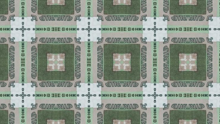 Abstract motion graphic seamless loop mosaic with Russian Ruble money bills. Creative business animation background