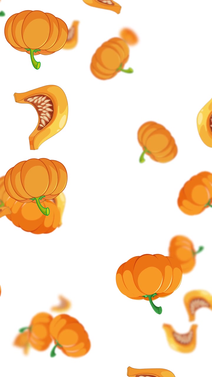 Animazione verticale fluida di zucche e fette che cadono a pioggia su uno sfondo bianco pulito.