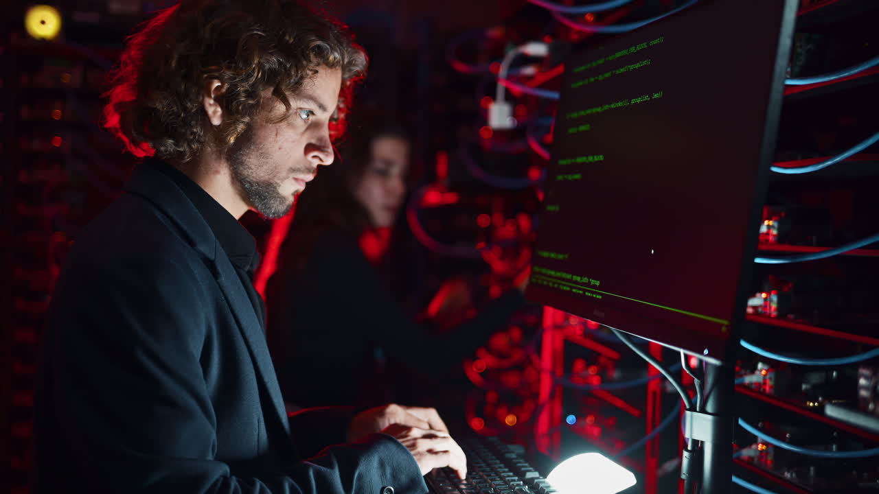 A man and a woman trying to fix an error in a server room with flashing red lights