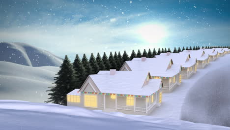 snow falling over winter landscape with multiple houses and trees