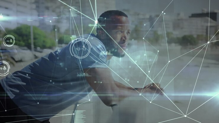 Animation of network of connections over man exercising outdoors