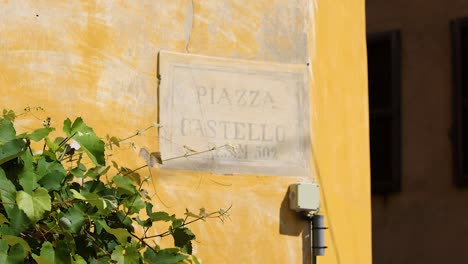 sign on yellow wall with green foliage