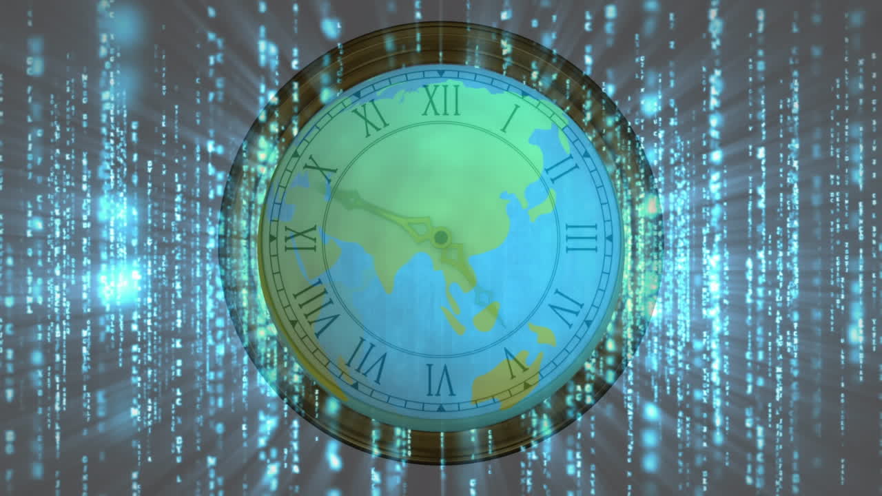 Animation of data processing and globe over clock moving fast