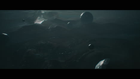 alien planet desert landscape at night with strange sphere-shaped buildings