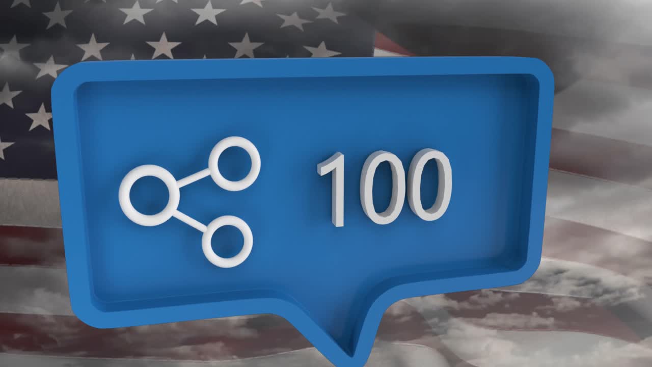 animación del icono de compartir con números en la burbuja de habla con la bandera de ee.uu.