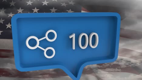 animation of share icon with numbers on speech bubble with flag of usa