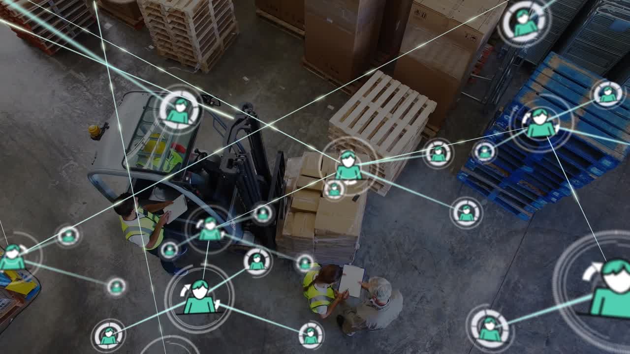 Animazione di una rete di connessioni su diversi lavoratori in un magazzino
