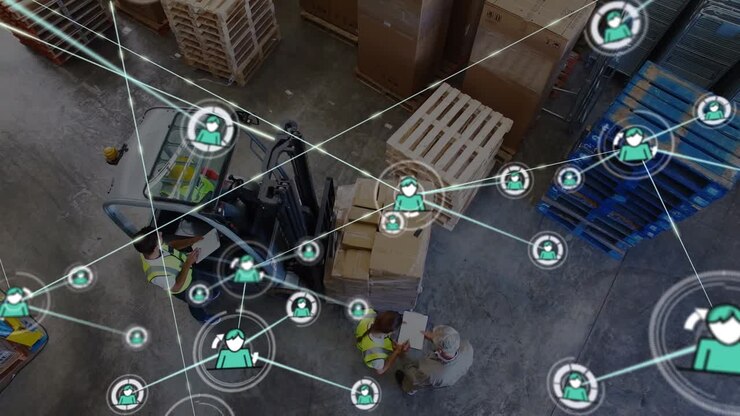 Animazione di una rete di connessioni su diversi lavoratori in un magazzino