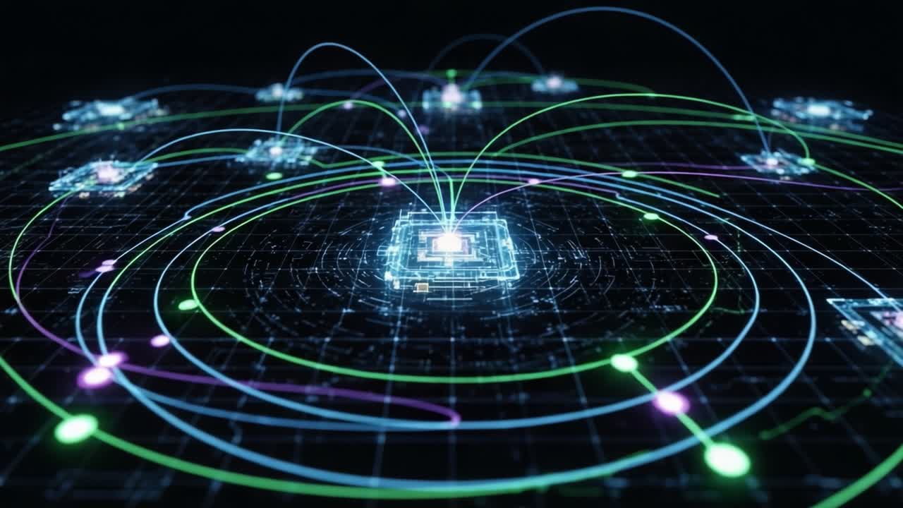 Visual Representation of Quantum Computing Networks with Interconnected Quantum Processors and Dynamic Data Flows in a Futuristic Digital Environment