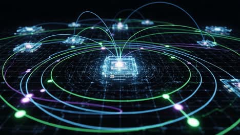 visual representation of quantum computing networks with interconnected quantum processors and dynamic data flows in a futuristic digital environment