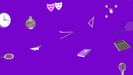 Animation-of-education-icons-with-copy-space-over-purple-background