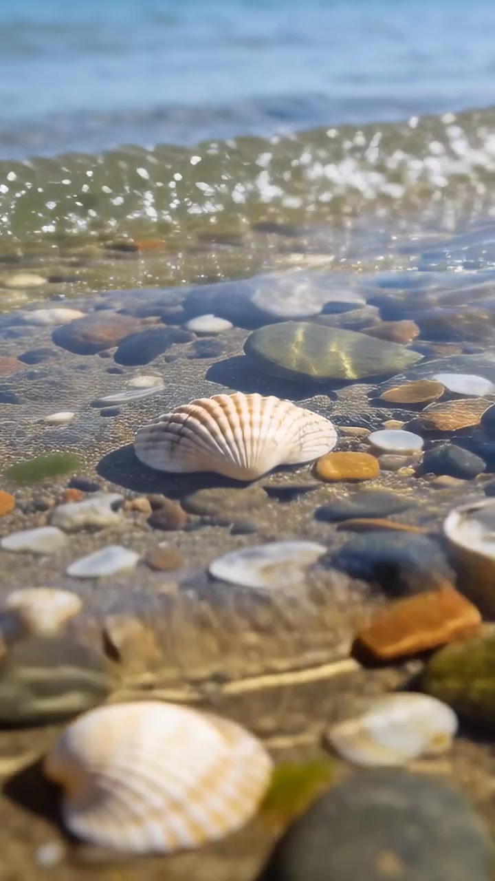 Vertical video: Ridged white shell resting on sand while incoming waves washing over pebbles algae
