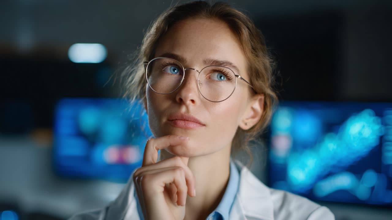 A Dedicated Researcher in a Laboratory Deep in Thought, Contemplating Solutions with Focused Intensity, Surrounded by Advanced Technology and Data Analysis Displays