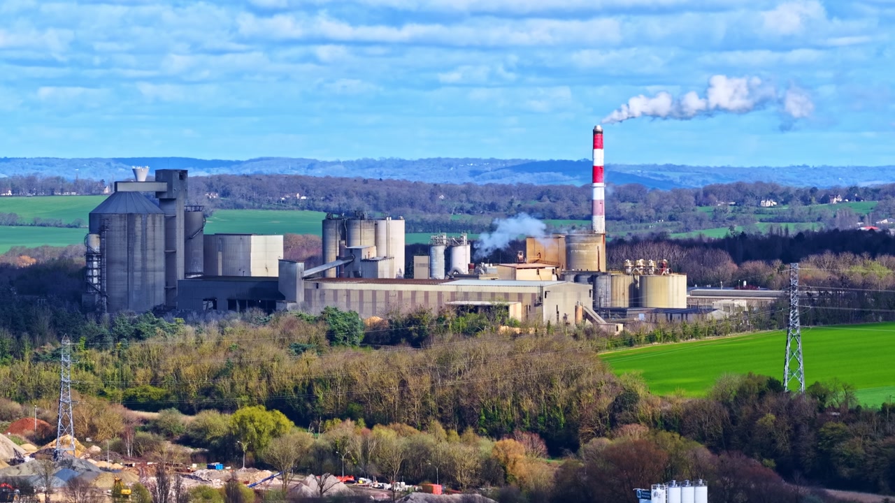Industrial plant with a striped smokestack releasing emissions beside green fields, highlighting heavy manufacturing, energy production, and the contrast between rural land and industry.
