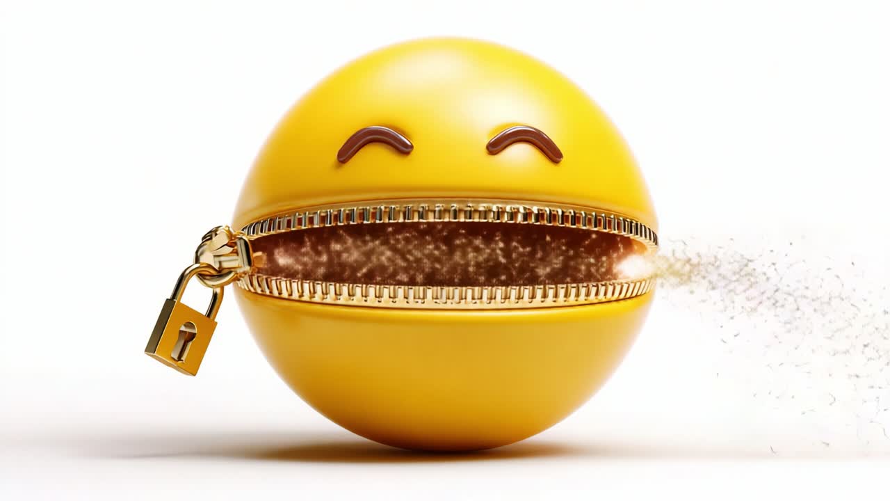 An expressive yellow smiley face with a zipper and padlock, symbolizing secrecy and joy, reveals a playful twist on emotions while showcasing a blend of fun and mystery