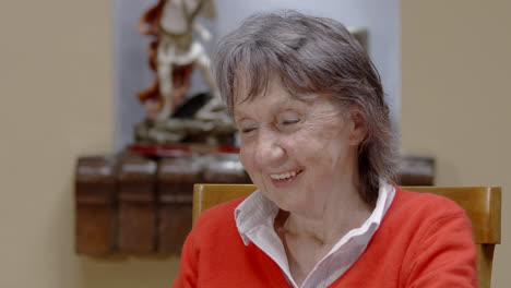 Senior-woman-having-dinner-in-restaurant-and-smiling