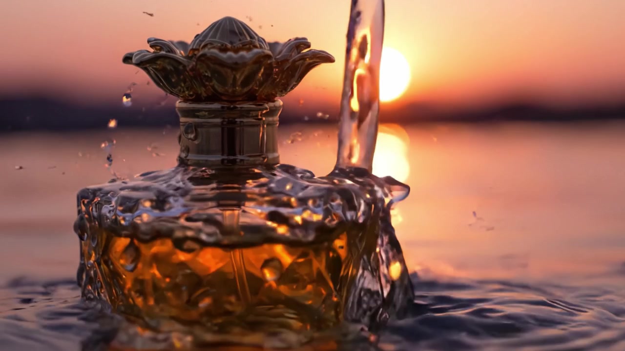 Una Serata Incantevole: Il Fascino di una Boccetta di Profumo Vintage Sull'Sfondo di un Tramonto su Acque Tranquille