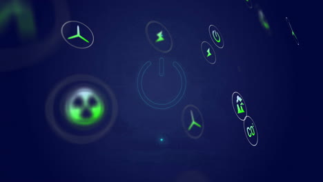 animación de los iconos de botón de energía y energía sobre fondo azul oscuro