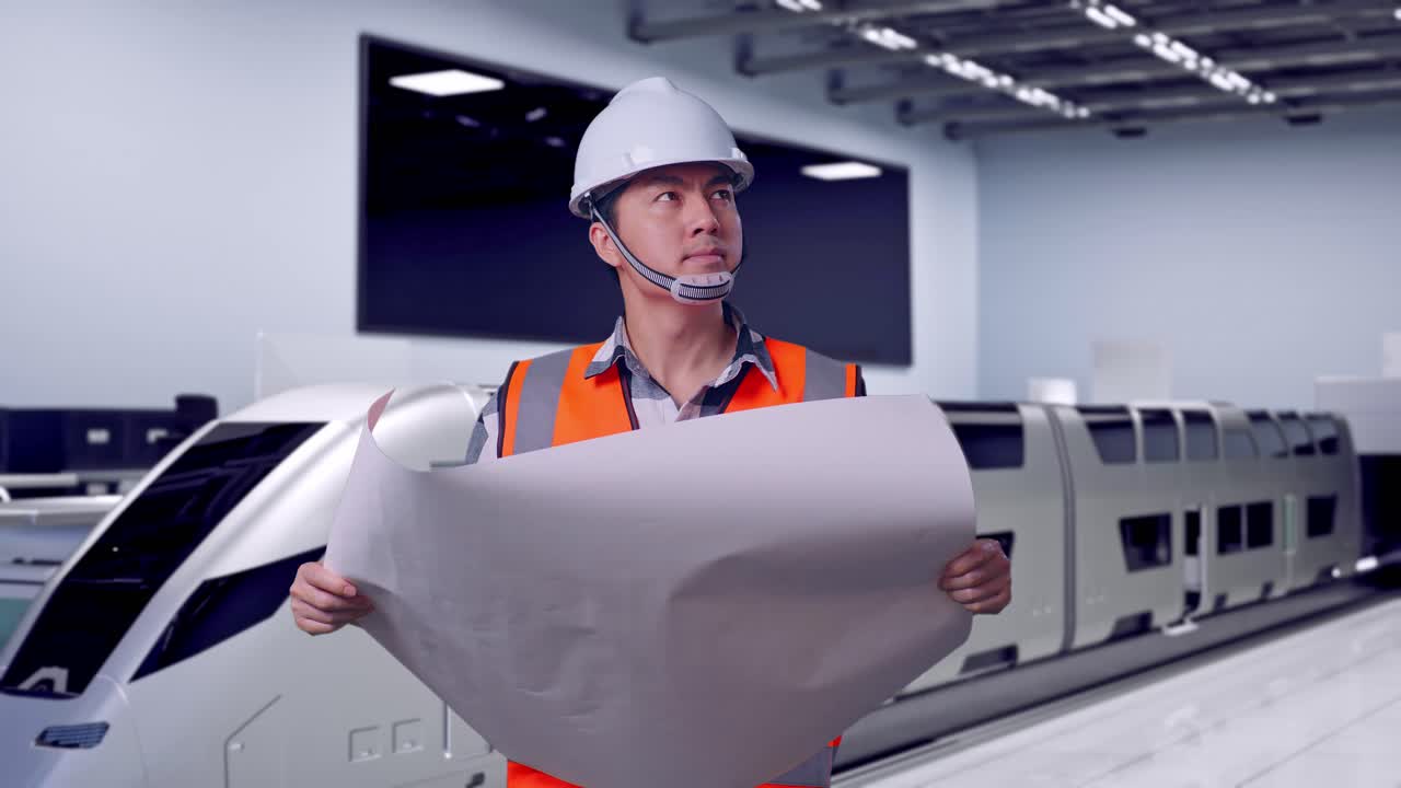 Asian Male Engineer With Safety Helmet Looking At Blueprint In His Hands And Looking Around While Standing, Futuristic High-Speed Train in a Modern Testing Facility