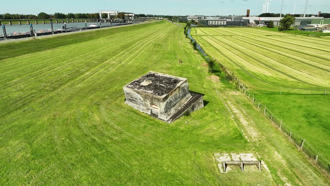 Aerial approach of old World War II bunker on Dutch Waterlinie defense line used in operation Market Garden
