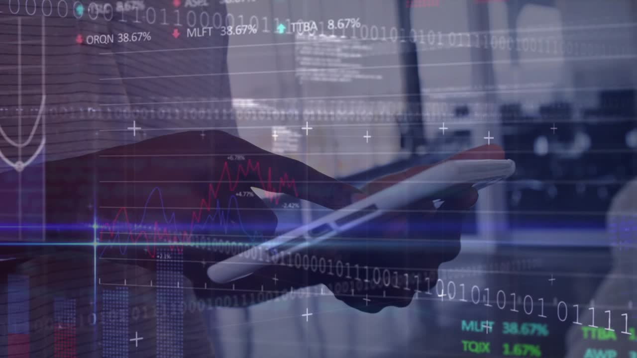 Man wearing striped shirt tapping tablet and generating live financial charts with binary streams