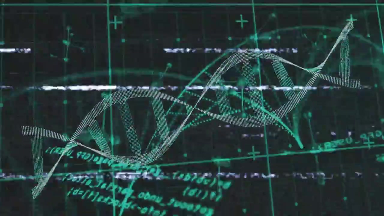 On horizontal glitch lines appearing helix shifting rotating over grid nodes showing data flow