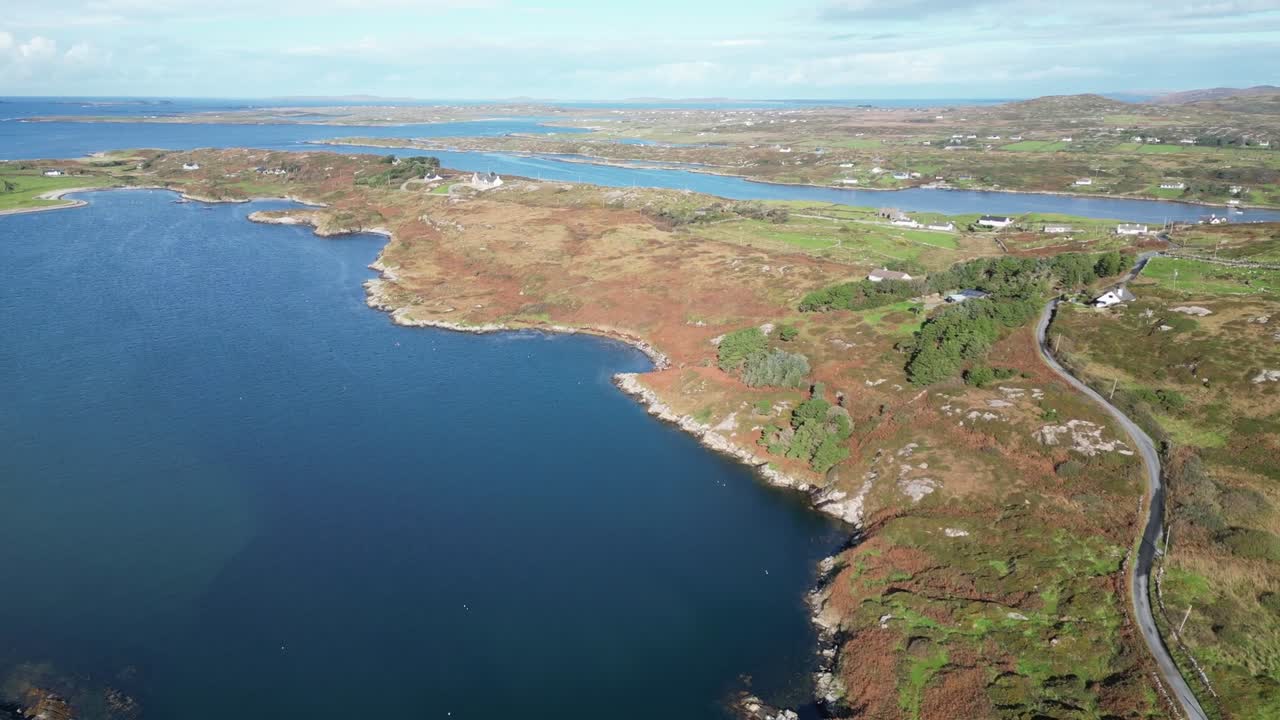 Scenic aerial view of Connemara's Sky Road in Ireland on a clear day