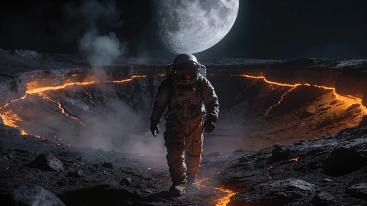 Stiger ned fra kanten, astronaut i EVA-dragt går mod kameraet og scanner en glødende lavasprække.