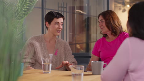 group of women wearing pink breast cancer awareness ribbons meeting and talking at therapy support group for cancer treatment patients 6