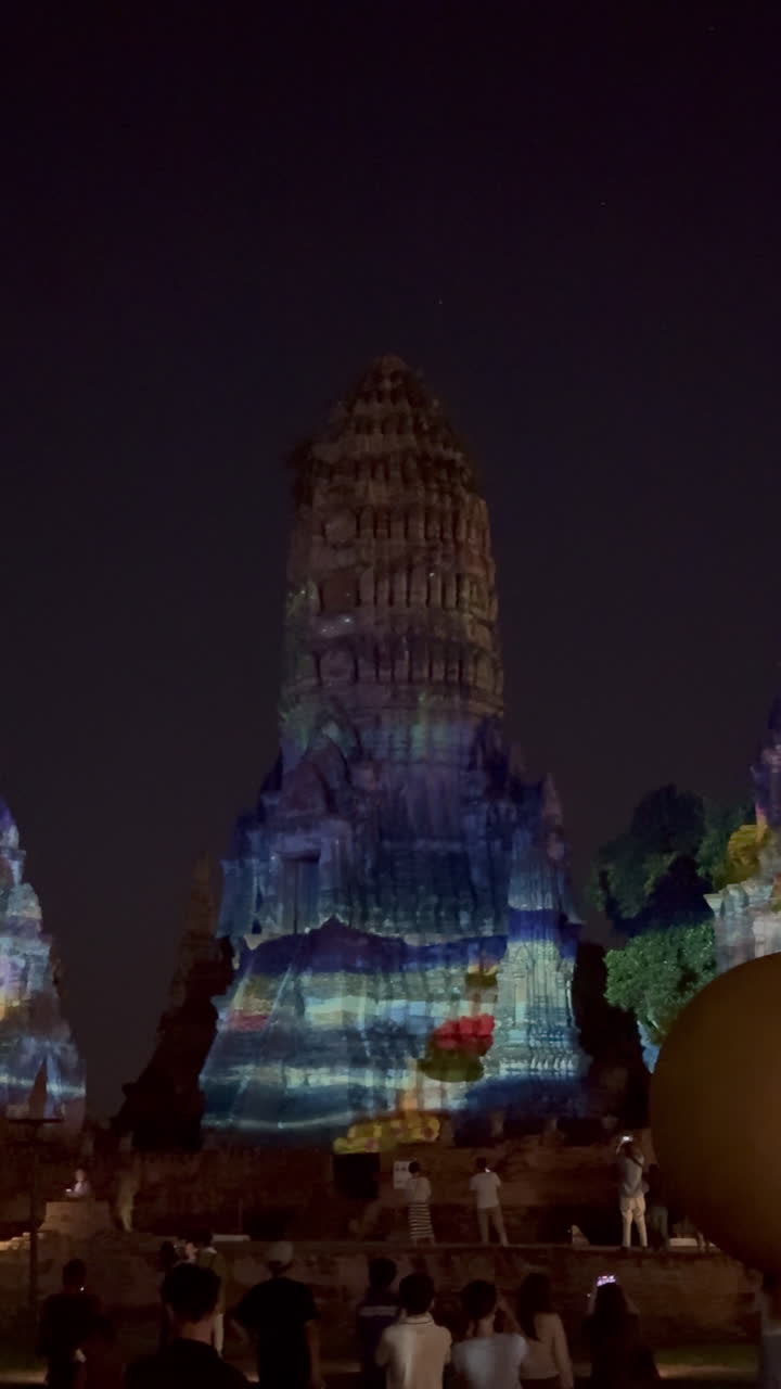 Light Show at Ancient Temple at Night