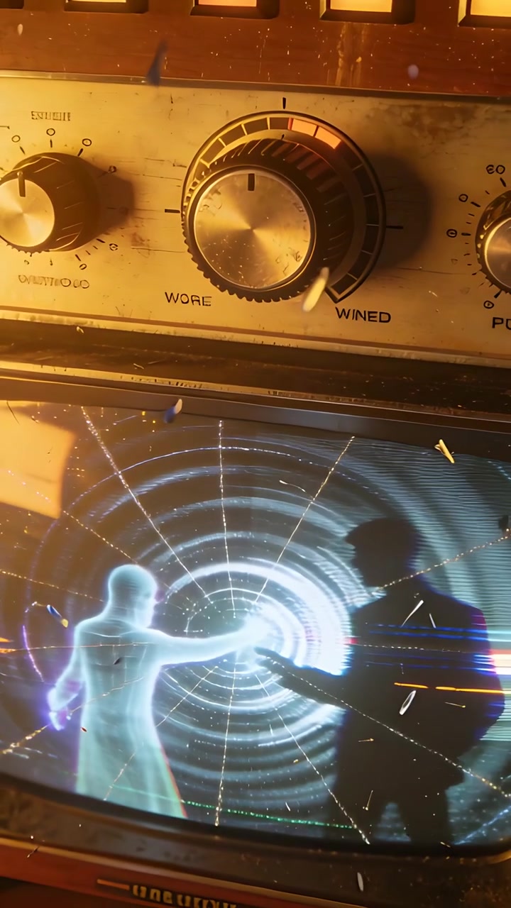 Vertikales Video: Heller werdende Spirale erzeugt zyanfarbene und Schattenfiguren auf einem CRT-Bildschirm, Knöpfe glänzen.