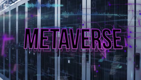 Animation-of-metaverse-text-over-soundwaves-against-server-racks-in-server-room