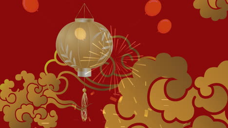 animación de decoraciones chinas y confeti sobre fondo rojo.
