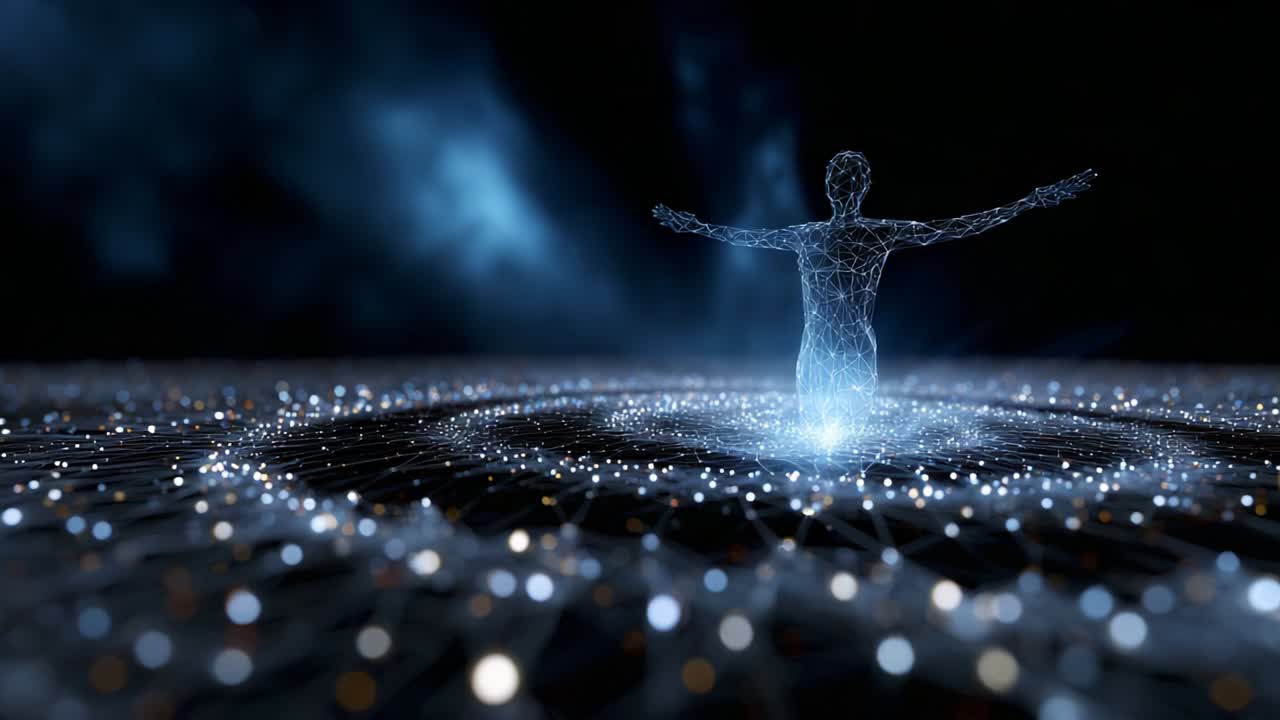 A Glimmering Digital Human Representation Emerges Amidst a Cosmic Network of Lights, Blending Futuristic Technology and Abstract Art in an Enigmatic Display of Connection and Existence