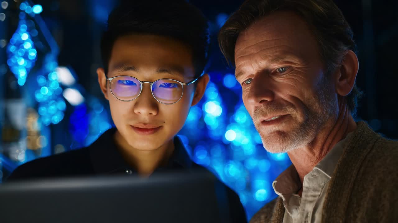 A Dynamic Interaction Between Two Individuals Engrossed in Discussion, Surrounded by a Captivating Blue Ambience, Showcasing the Exchange of Ideas and Insights Within a Creative Environment