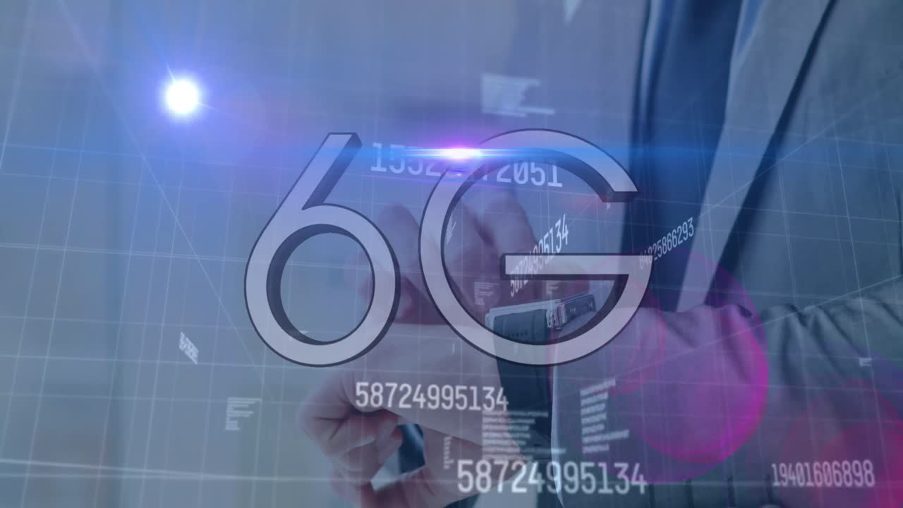 스마트 워치를 사용하는 백인 사업가에 대한 6g 및 숫자의 애니메이션