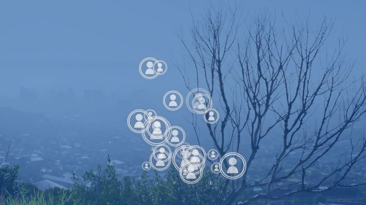 Fading in user-avatar icons clustering and drifting upward along branches, showing network growth