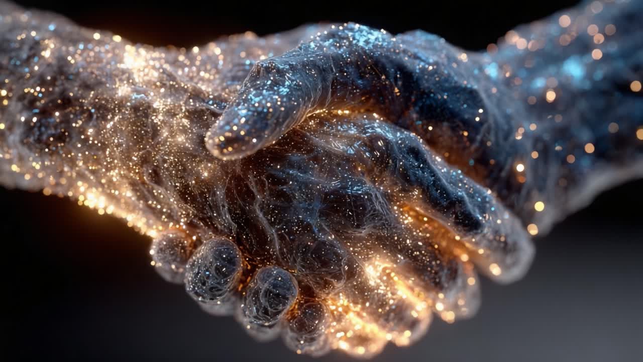 Abstract digital hands shaking. Symbolizing a connection between technology and humanity with glowing particles forming a network. Representing concepts of partnership. AI. And futuristic agreements