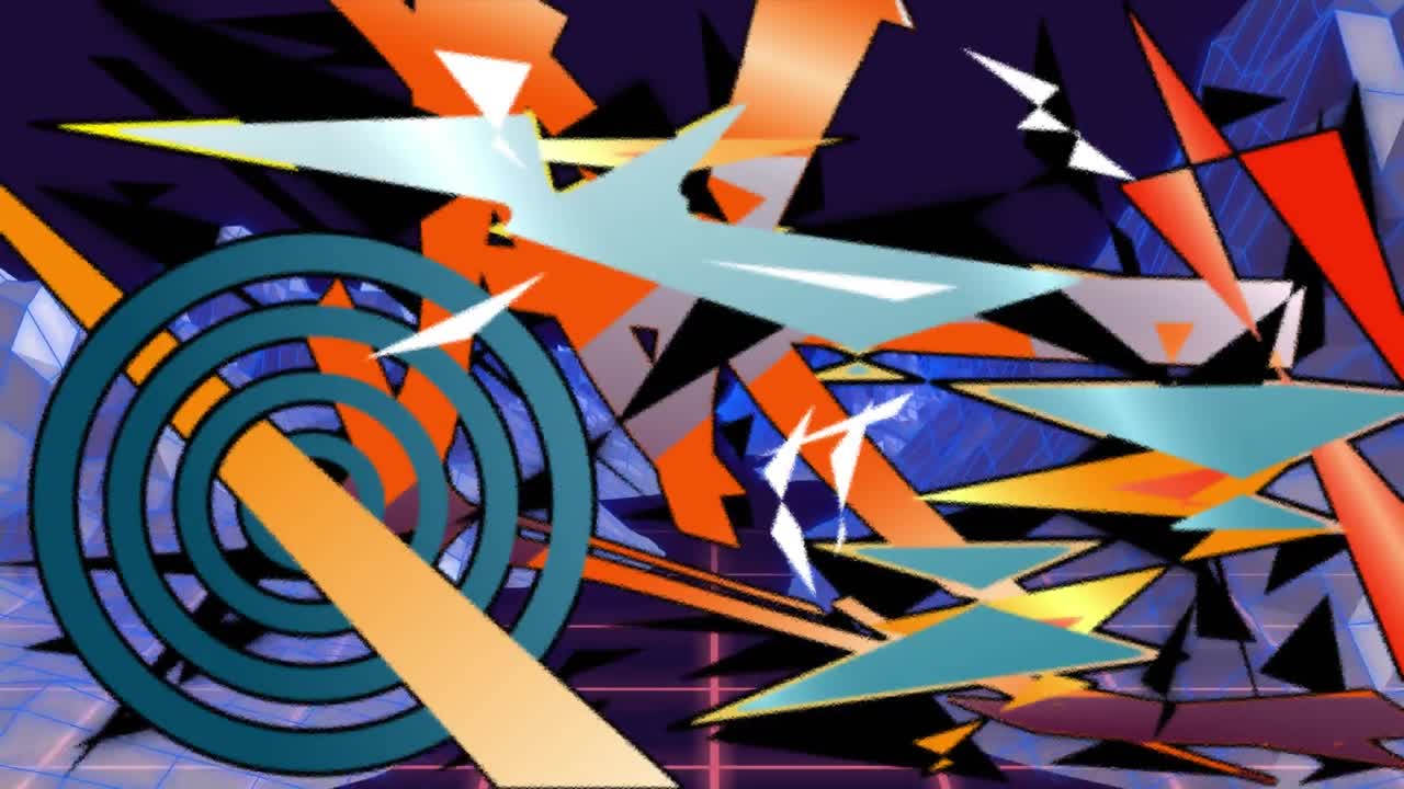 Animation of moving colorful shapes over mountains grid