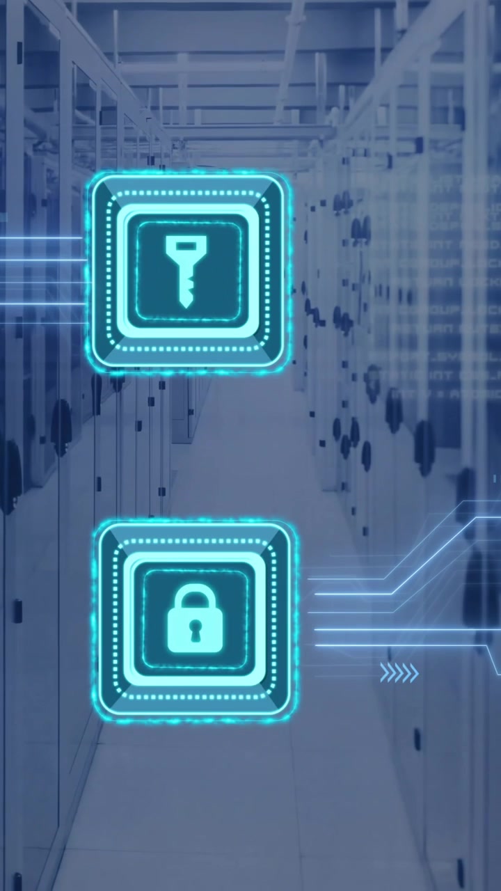 Animation of digital data processing, padlock and key icons, circuit board and computer servers
