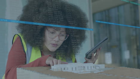 Animation of financial data processing over biracial woman checking 3d model in office